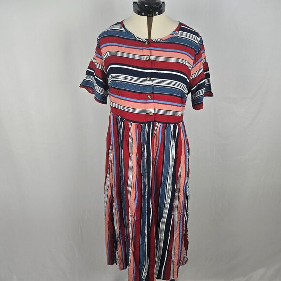 Bloomchic Dress Women's 1X Red Multiple Color Striped Contrast Short Sleeve NWT - Picture 1 of 13